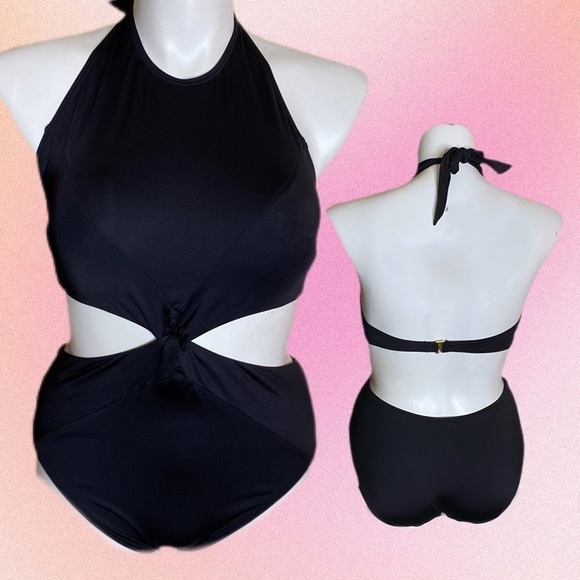 CARMEN MARC VALVO Twist Monokini Swimsuit High Neck Halter 1 Piece SIZE 14 Black - Picture 2 of 7